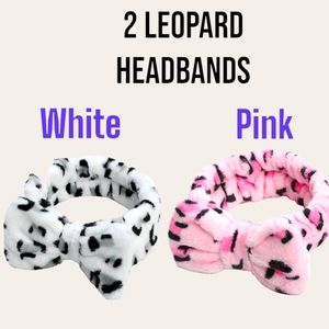 - White & Pink Leopard Soft & Fluffy Hair Headbands With Bow